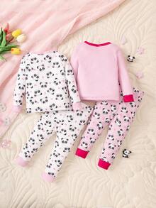 Baby Girl 2pcs Panda & Letter Graphic Contrast Trim Snug Fit PJ Set - Pink - View 2
