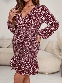 SHEIN Maternity Allover Print Lantern Sleeve Ruffle Hem Dress - Burgundy - View 6