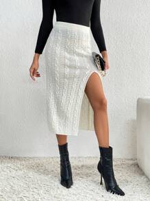 SHEIN Frenchy Split Thigh Cable Knit Skirt - Apricot - View 1