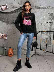 SHEIN LUNE Sudadera con estampado de halloween de manga raglán - Negro - Ver 4