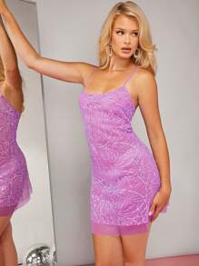 Hauture Sequin Embroidery Overlay Cami Dress - Purple - View 3