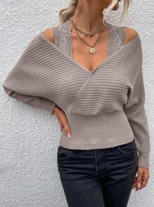 SHEIN Essnce Contrast Lace Strap Overlap Collar Dolman Sleeve Sweater - Khaki - View 6