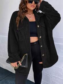 SHEIN Essnce Plus Drop Shoulder Flap Pocket Button Front Coat, For Winter - Black - View 1