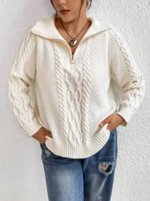 Flirla Plus Cable Knit Raglan Sleeve Sweater Knit Pullover Fall Winter Sweater - White - View 3
