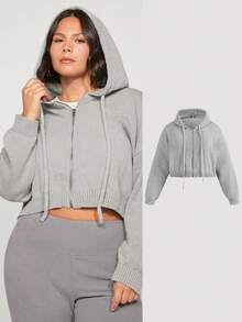 SHEIN BASICS 加落肩抽繩連帽短款開衫 - 淺灰色 - 查看 8