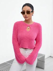SHEIN Privé Keyhole Neckline Fluffy Knit Crop Sweater - Hot Pink - View 1