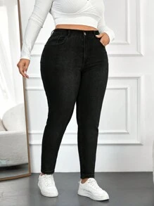 SHEIN Cottnline Plus Size  Zipper Fly Skinny Jeans - Black - View 5
