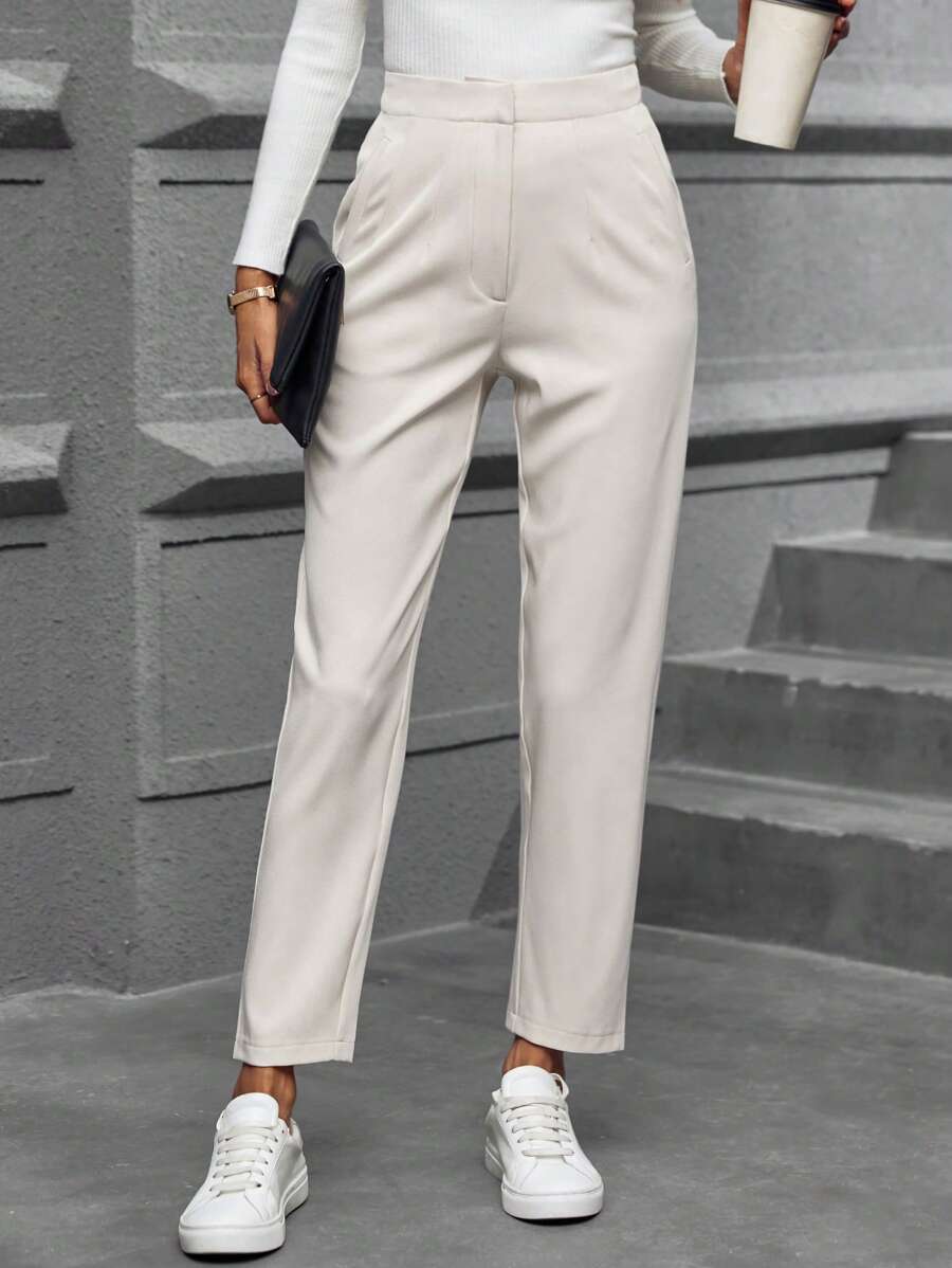 SHEIN LUNE 收口休閒時尚通勤基本拉鍊和鈕扣飛行短褲 - 卡其色 - 查看 1