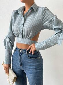 SHEIN Privé Solid Tie Backless Crop Shirt - Blue - View 4