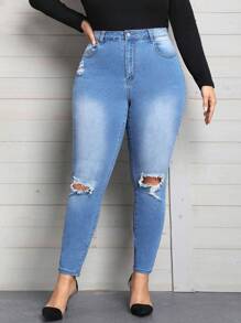 SHEIN Privé Plus Ripped Skinny Jeans - Light Wash - View 1