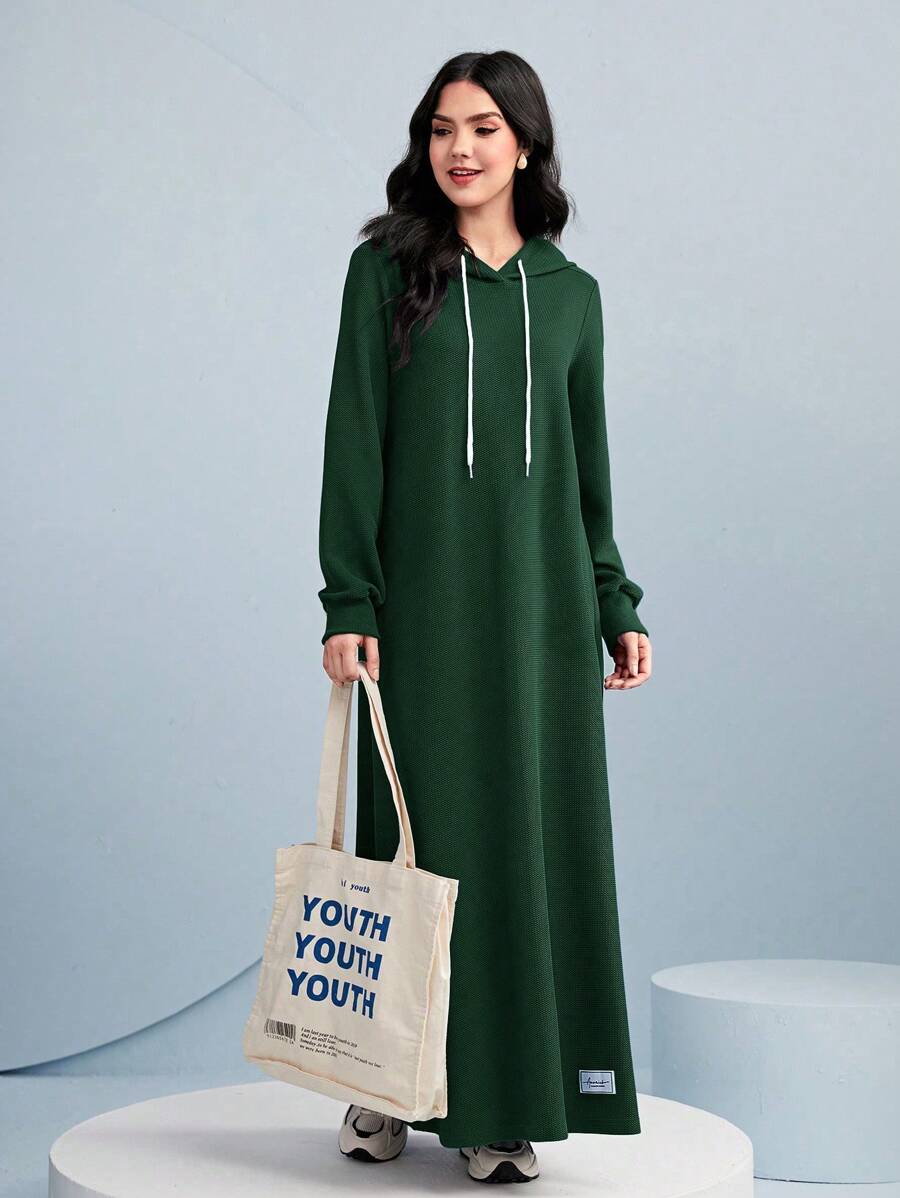 Graceveil Letter Patched Drawstring Hooded Sweatshirt Dress Modest - Dark Green - View 1