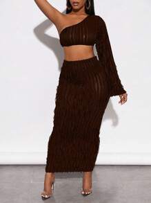 BamGleam One Shoulder Crop Top & Pencil Skirt Fall Cloth For Women - Coffee Brown - View 5