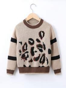 SHEIN Tween Girl Leopard Pattern Contrast Trim Sweater - Khaki - View 1