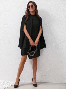 SHEIN Clasi 小高領斗篷袖拼接細節連衣裙 - 黑色 - 查看 3