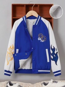 SHEIN Tween Boy Fire & Letter Graphic Raglan Sleeve Varsity Jacket - Blue - View 1