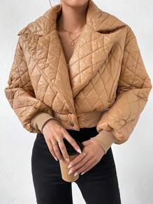 Chiquease Lapel Neck Crop Quilted Padded Coat Clothes Winter - Brown - View 5
