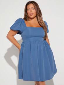 SHEIN SXY Đầm Plus Size Dây kéo màu trơn Giải trí - Màu xanh bụi bặm - Xem 3