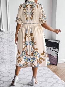 Flirla Talla grande Vestido camisero con estampado floral con botón delantero - Albaricoque - Ver 2