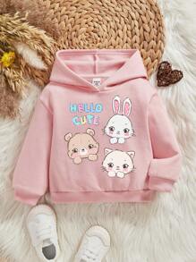 女婴休闲卡通印花抓绒卫衣，秋冬季 - 淺粉色 - 查看 1
