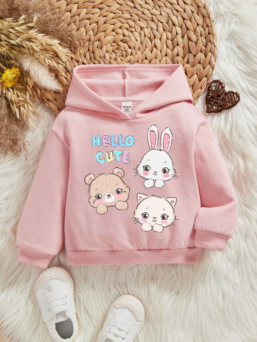 女婴休闲卡通印花抓绒卫衣，秋冬季 - 淺粉色 - 查看 1