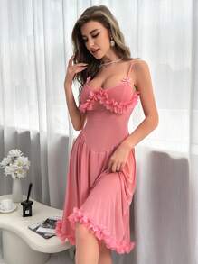 SHEIN 荷叶边网眼覆盖吊带睡衣长裙 - 藕粉色 - 查看 4