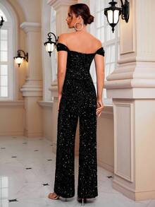 LOVE&LEMONADE Off Shoulder Sequin Wide Leg Party Jumpsuit - Black - View 2