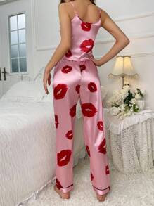 Lip Print Satin PJ Set / Pajama Set - Baby Pink - View 2
