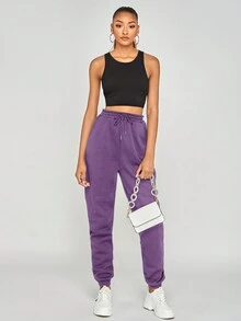RueChic Solid Drawstring Waist Slant Pocket Sweatpants - Purple - View 3