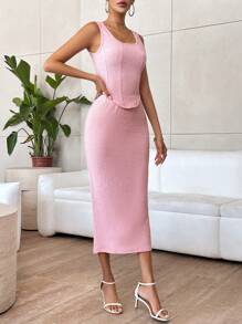 SHEIN Privé Solid Tank Top & Skirt - Pink - View 4