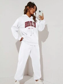 SHEIN EZwear 字母圖案抽繩連帽衫和運動褲 - 白色 - 查看 5