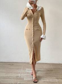 SHEIN Essnce Contrast Collar Flounce Sleeve Button Through Ribbed Knit Bodycon Dress - Apricot - View 3