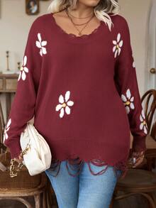 Calvaya 加花卉圖案落肩仿舊毛衣 - 酒紅色 - 查看 3