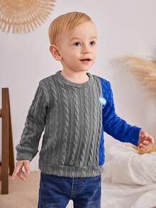 SHEIN Baby Boy Colorblock Letter Patched Detail Cable Knit Sweatshirt - Multicolor - View 3