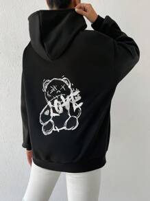 SHEIN Unity Reflective Cartoon And Letter Graphic Kangaroo Pocket Drawstring Hoodie - Black - View 2