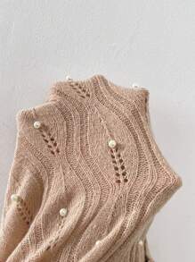 SHEIN Clasi Faux Pearls Beaded Pointelle Knit Sweater,Long Sleeve Tops In Fall/Winter - Khaki - View 6