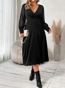 Franclia Plus Contrast Mesh Sleeve Overlap Collar Button Detail Dress