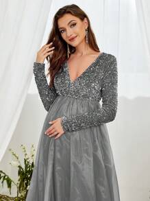 Maternity Sequin Insert Mesh Hem Elegant Dress, For Party - Grey - View 5