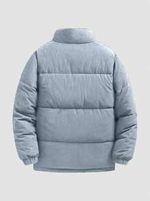 Men Letter Patched Detail Zipper Padded Coat Without Sweater - Blue - View 2