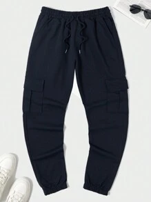 RueChic 100%Cotton Men Flap Pocket Side Drawstring Waist Cargo Pants - Navy Blue - View 1