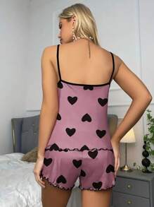 Miss Vinta Heart Print Lettuce Trim PJ Set / Pajama Set - Dusty Pink - View 2