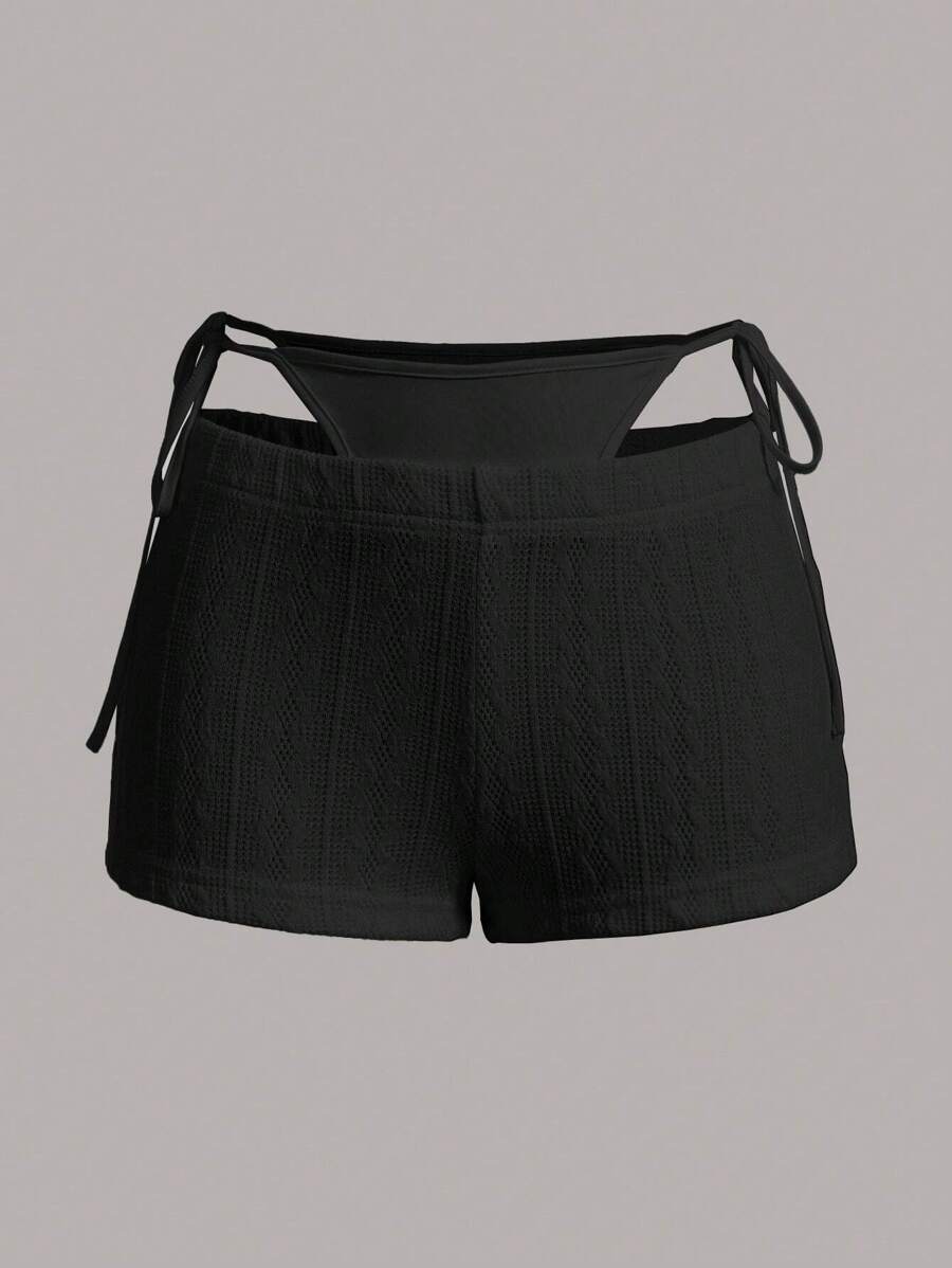 SHEIN ICON 素色腰部鏤空短褲 - 黑色 - 查看 1