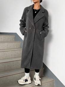 SHEIN EZwear Abrigo de Teddy con cuello de solapa y doble botón para otoño/invierno - Gris Oscuro - Ver 6