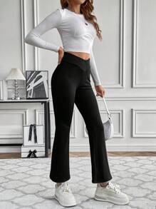 SHEIN LUNE Solid Flare Leg Pants - Black - View 4