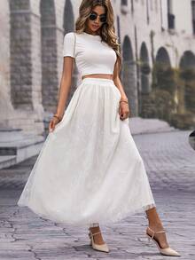 Chiquease High Waist Mesh Overlay Skirt - White - View 4