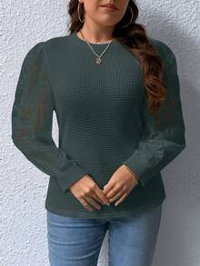 SHEIN Privé 大碼蕾絲拼接燈籠袖華夫格編織上衣 - 軍綠色 - 查看 3