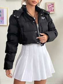 SHEIN EZwear 字母图案拉链按扣短款棉服外套 - 黑色 - 查看 1