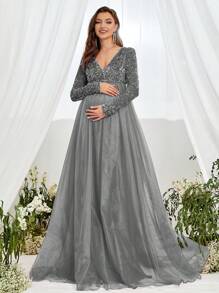 Maternity Sequin Insert Mesh Hem Elegant Dress, For Party - Grey - View 2