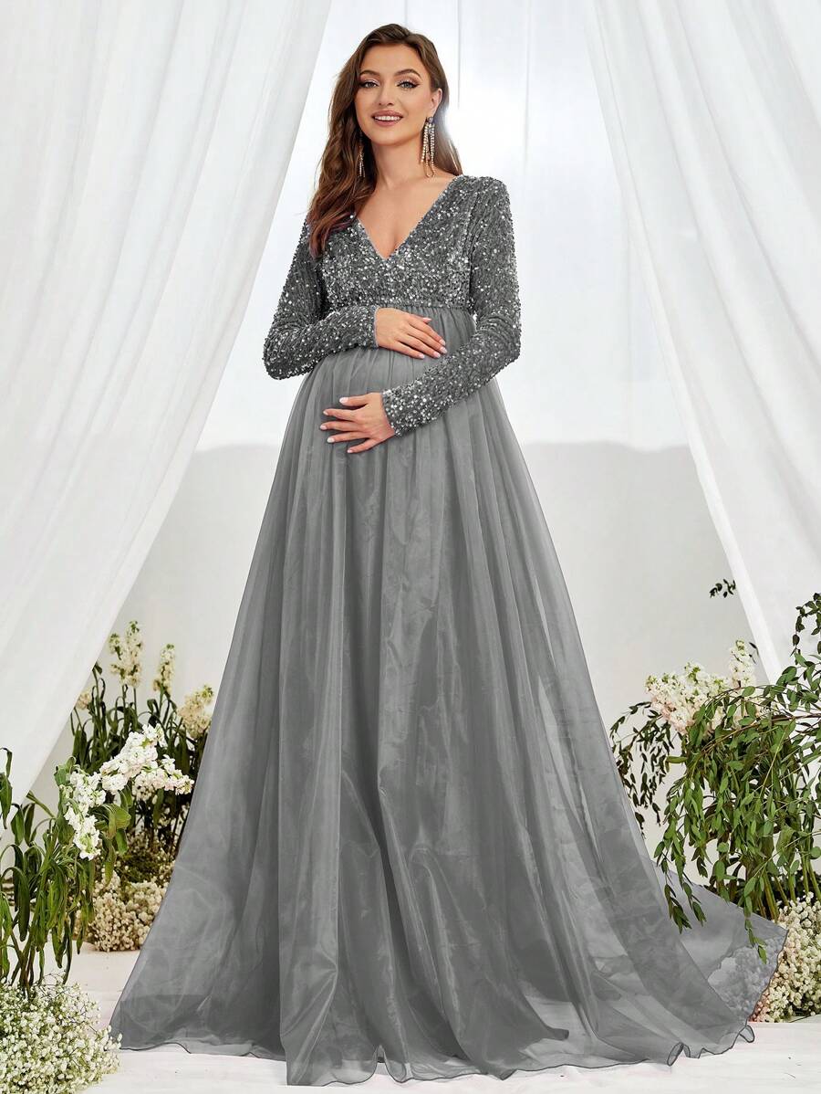 Maternity Sequin Insert Mesh Hem Elegant Dress, For Party