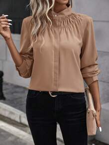SHEIN Clasi Solid Button Front Shirt - Khaki - View 3