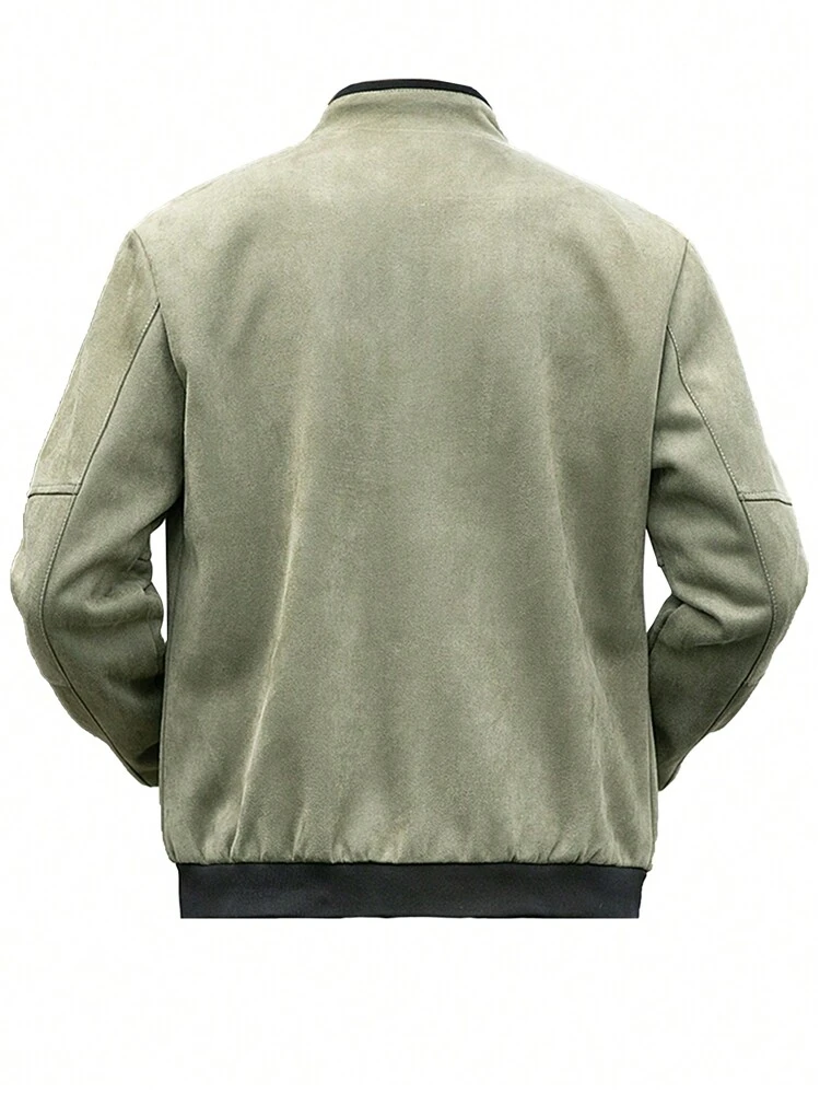 Loose Fit Men's Suedette Jacket With Slant Pockets, Zipper Closure And Thermal Lining